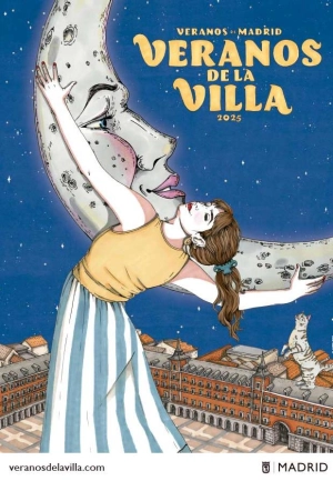 Chica abrazando a la luna con rostro humano. De fondo hay un gato apoyado sobre sus patas traseras y la Plaza Mayor