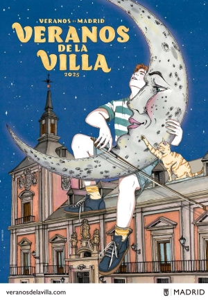 Chico sentado sobre el edificio Plaza de la Villa. El chico utiliza la luna como violín y junto a él hay un gato.