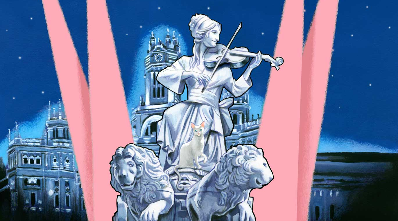 Fuente de Cibeles tocando el violín y un gato blanco a sus pies