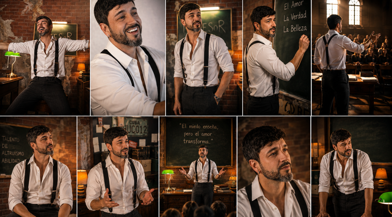COLLAGE DE FOTOS DEL MISMO HOMBRE REALIZANDO DIFERENTES ACCIONES RELACIONADAS CON LA DOCENCIA