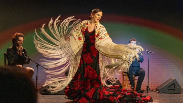 Bailaora de flamenco con mantón de flecos durante una actuación acompañada por músicos