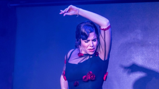 Bailaora de flamenco con vestido negro adornado con flores rojas, realizando una pose expresiva bajo iluminación escénica azul